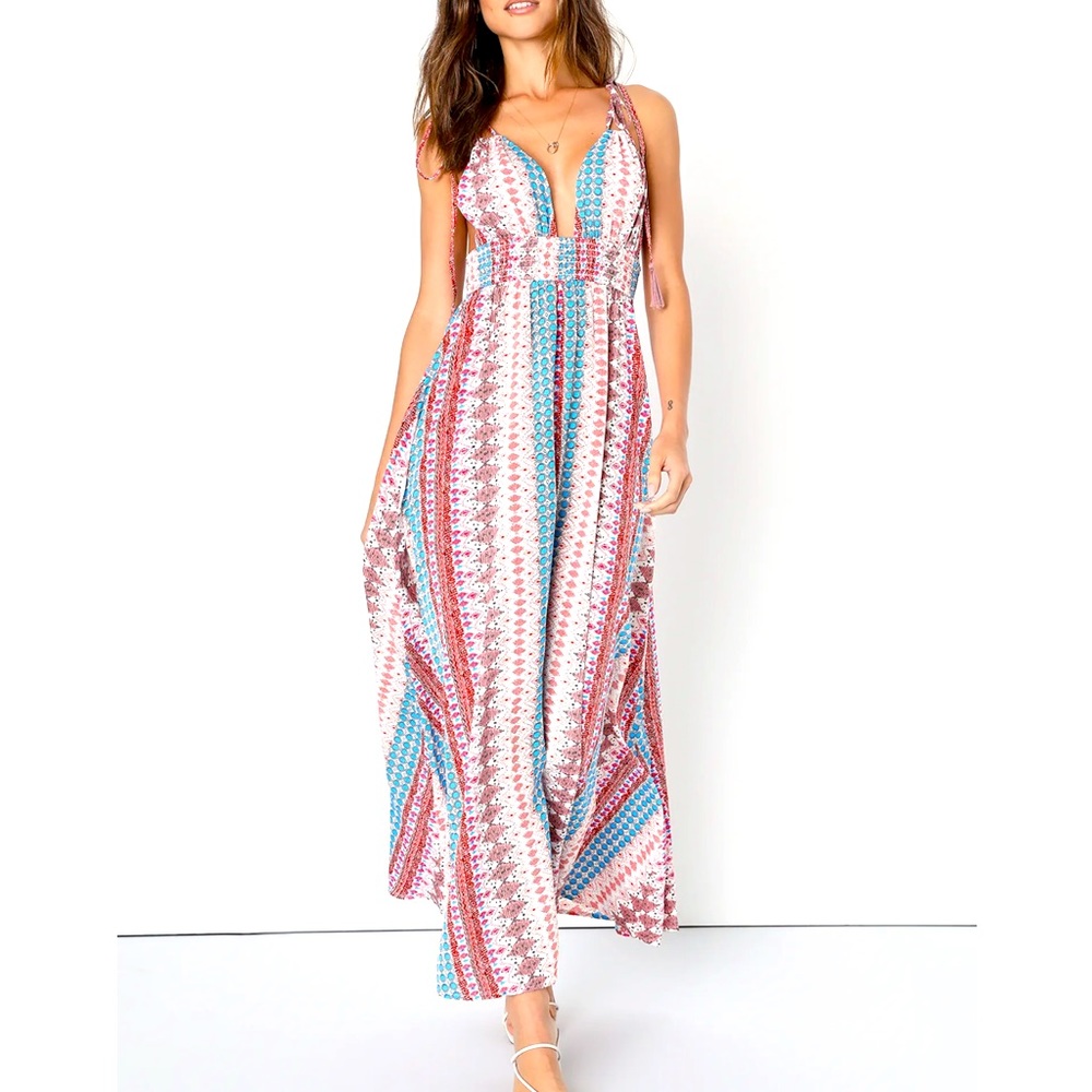 Lulus Maxin' Relaxin' Blue Multi Print Sleeveless Tie-Strap Maxi Dress
